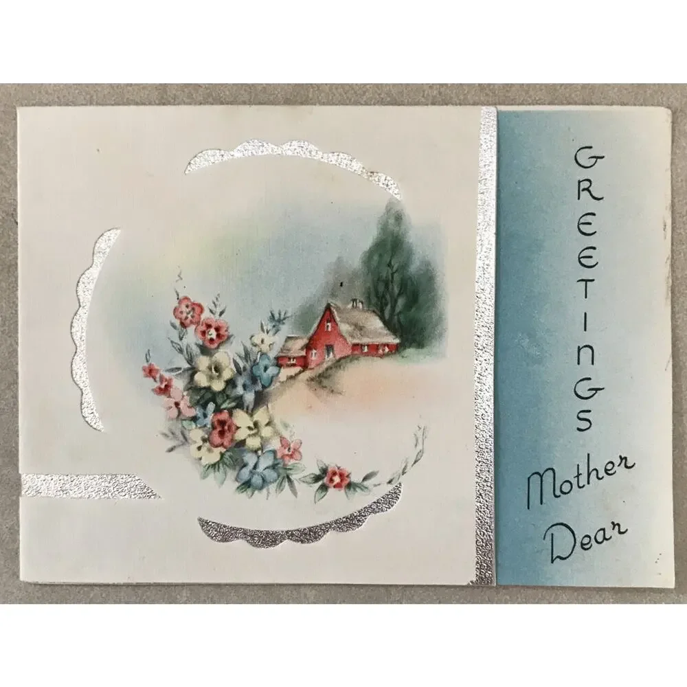 Vtg 1930s Greetings Mother Dear Blank Card Floral Country Barn Design